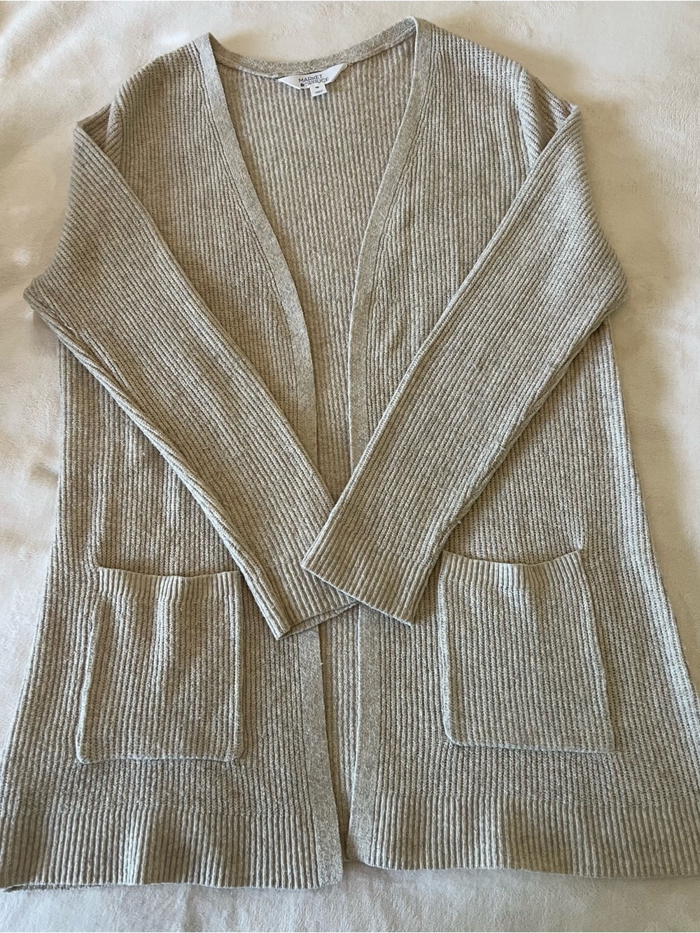 Stitch Fix Market & Spruce Ribbed Open-Front Two Pocket Cardigan in Beige